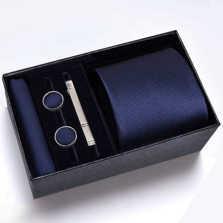 Zijde Stropdas Set Heren - Stropdas met Pochet, Manchetknopen en Dasspeld - 100% Zijde Tie Set - Blauw - Luxe Geschenkdoos