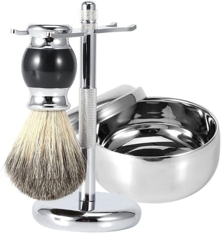 Complete Scheerset voor Mannen met 3 Scheerborstels, Houten Handvat, Zeepkom en Stalen Scheermeshouder