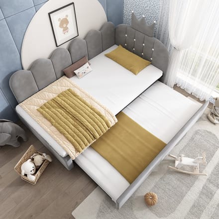 MODFU Bedbank 90x200 cm – Met uitschuifbed – L-vormig – Kroon- & spijlenontwerp – Fluweel – Grijs