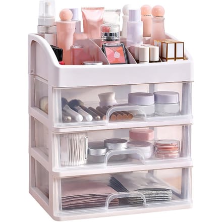 Boîte de rangement cosmétique à 3 tiroirs en plastique transparent, organiseur de maquillage spacieux white
