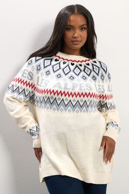 Yours Ivoorwitte Fairisle 'Les Alpes' Gebreide Trui Size 46-48