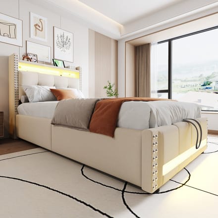 Sweiko Eenpersoonsbed - 90x200 cm - LED-verlichting - USB-aansluiting - Opbergruimte - Linnen - Beige