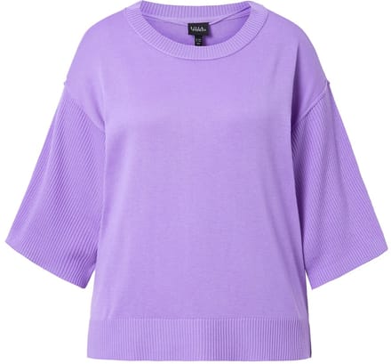 Ulla Popken - Dames - Trui oversized ronde hals 3/4-mouwen van ribbreisel - Lavendel - Maat 50+