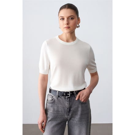 Geribbelde Crewneck Korte Mouwen Blouse
