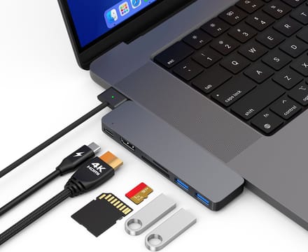 M-TECK MacBook Air/Pro USB-C - Dock - HUB - Splitter - 1 x HDMI 4K60Hz - 1 x Thunderbolt - 2 x USB3.0 - SD/MicroSD kaartlezer - M1/M2/M3/M4/M5/M6 - Kleur: Space Grey