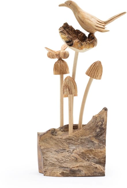 Handmade Parasite Wood Art Carving - Bird & Bee on Mushrooms
