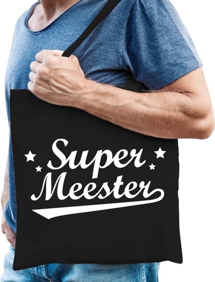 Super meester katoenen kado tas zwart - Meesterdag / einde schooljaar cadeau
