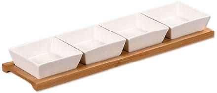 Serveerplank met 4 Schaaltjes, 35 x 9,4 x 5cm, Bamboe + Porcelein