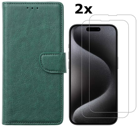 Hoesje Geschikt voor iPhone 15 Pro Max hoesje bookcase met 2x screenprotector – Groen