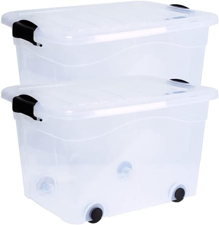 Set van 2 opbergdozen met wieltjes 20L transparant
