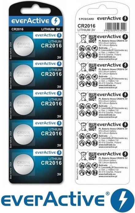 5x EverActive 2016 CR2016 DL2016 3v Lithium Batterij
