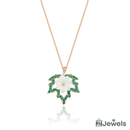 OZ Jewels – Groene Bladbloesem Ketting – Roségoud – Smaragd – Dames