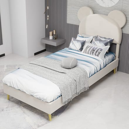 MODFU - Bedframe 90x200 cm – Met cartoon-hoofdbord & gasveer-opbergruimte – Beige