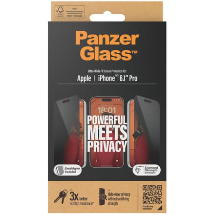 PanzerGlass Screenprotector geschikt voor Apple iPhone 15 Pro Glazen | PanzerGlass Ultra-Wide Fit Screenprotector Privacy - Case Friendly + Installatie Frame
