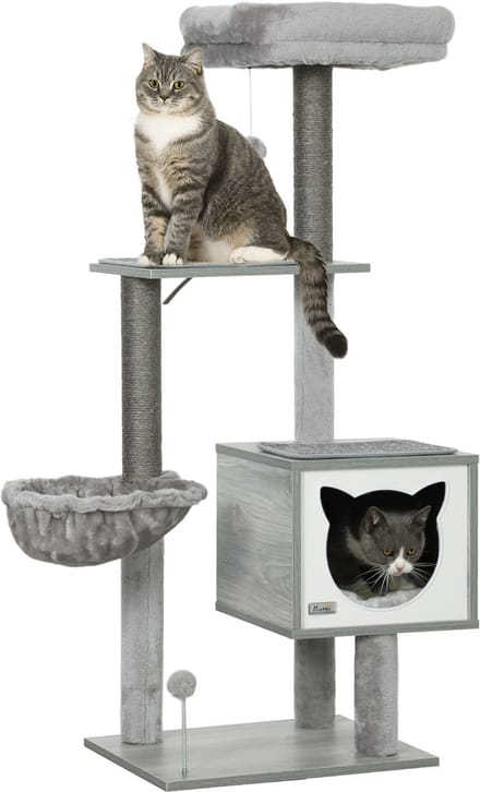 PawHut-kattenboom-48x40x126cm-korte pluche-lichtgrijs