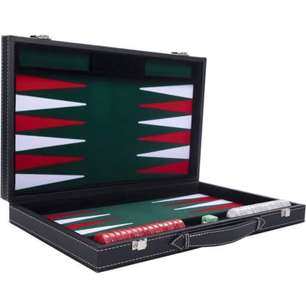 Backgammon 18 inch - Groen, Rood & Wit Ingelegd Bord - Kunstlederen Koffer met Handvat - Engelhart