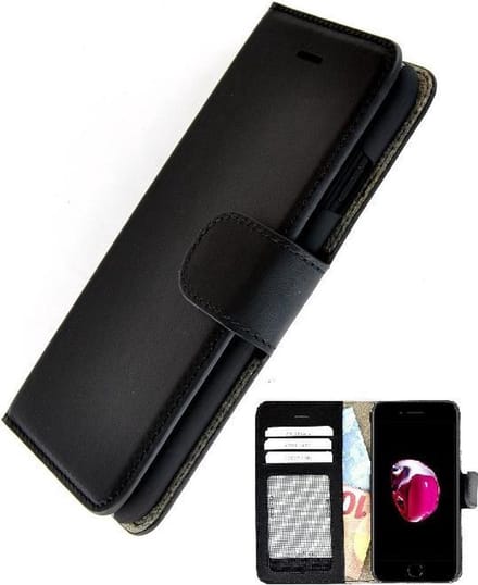Echt Leder Zwart Wallet Bookcase Pearlycase Hoesje Geschikt voor Apple iPhone 7 Plus