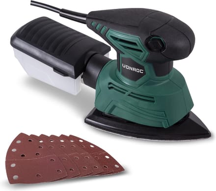 VONROC Multischuurmachine – Palmschuurmachine – 130W – Met stofopvangbox & 6 stuks schuurpapier