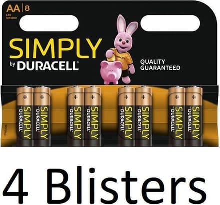 32 Stuks (4 Blisters a 8 st) Duracell AA Simply Batterijen