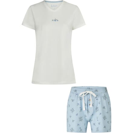 By Louise Dames Korte Pyjama Set Shortama Wit/Lichtblauw Gebloemd - Maat S