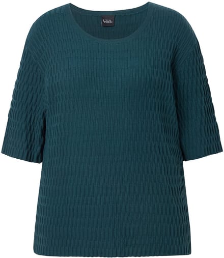 Ulla Popken - Dames - Trui structuurbreisel ronde hals korte mouw - Dennengroen - Maat 42+