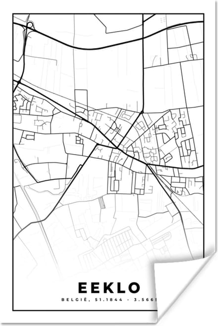Poster Zwart Wit – België – Plattegrond – Stadskaart – Kaart – Eeklo - 40x60 cm