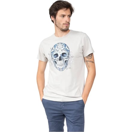 DEELUXE T-shirt met Mexicaanse schedel en bloemenCALAB Light Grey