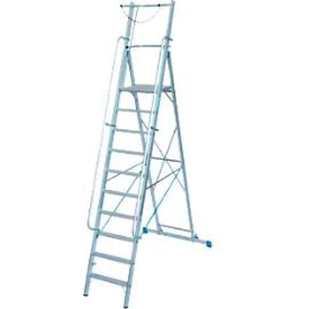 Aluminium trapladder, met groot platform, met veiligheidsbeugel en ketting, 10 treden