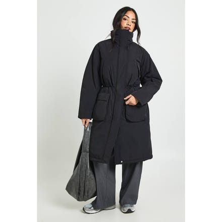 boohoo Dames Cinched Waist Longline Parka | Black | Maat: 10