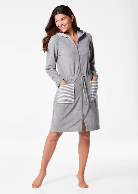 Badjas van lichte badstof met ritssluiting en capuchon - grijs / wit - Gr. 24/25 van Goldner Fashion
