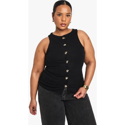 boohoo Dames PLUS GEBREIDE VEST MET DRUKKNOPEN | Zwart | Maat: 52