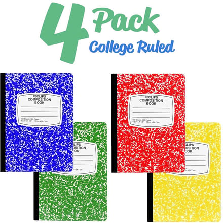 Set van 4 College Gelijnde Compositie Notitieboeken - 200 Pagina's - Diverse Kleuren
