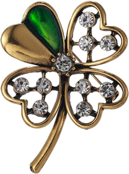 Fako Bijoux - Broche - Klavertje Vier - Goud Strass - 40x54mm - Goudkleurig