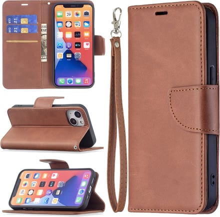 MobyDefend Hoesje - Geschikt voor iPhone 13 - Wallet Book Case Met Koord - Bruin