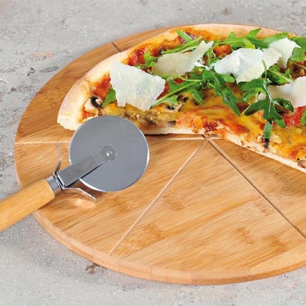 Kadirelli Pizzaplank met Pizzasnijder - Bamboe - Pizza Serveerplank met Handvat - 34cm