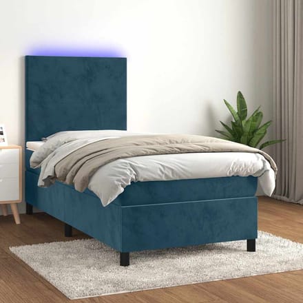 vidaXL - Boxspring - met - matras - en - LED - fluweel - donkerblauw - 90x190 - cm