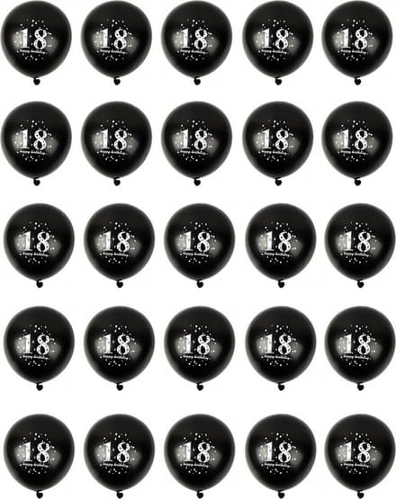 25 Zwarte Ballonnen met Opdruk '18' en 'Happy Birthday