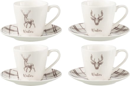 J-Line theemok + schotel Rendier - keramiek - wit/bruin - giftbox van 4