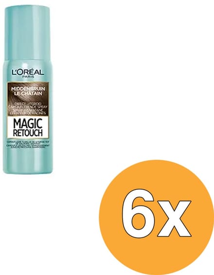L'Oréal Paris Magic Retouch Middenbruin Camouflerende Uitgroeispray - 6 x 75ml