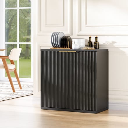 Dressoir - 60 x 30 x 70 cm - Opbergkast met Geribbelde Front en Metalen Greep - MDF - Zwart/Hout
