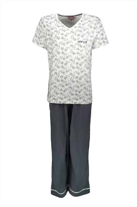 Medaillon Dames Pyjama - Katoen - V Hals - Grijs - Maat M