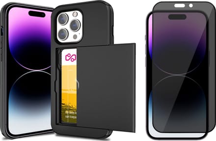Hoesje met Pasjeshouder geschikt voor iPhone 13 Pro Max - Privacy Screen Protector FullGuard - Back Cover SlideCase Zwart & Screenprotector