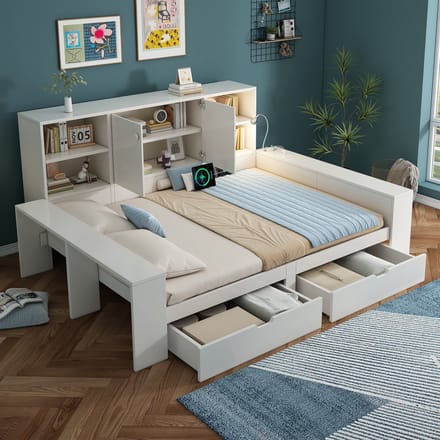 Sweiko Slaapbank - 140 x 200 cm - Inclusief 2 lades - USB/Type-C - Opbergruimte - Wit