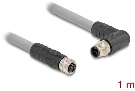 Delock M12 Cable L-coded 5 pin male right angled to female straight PUR suitable for drag chains 1 m grey