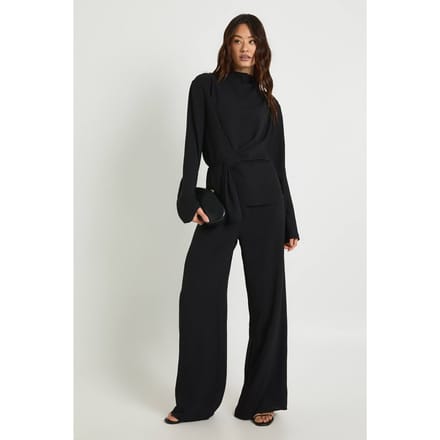 boohoo Dames Lang Geweven Draperende Blouse met Lange Mouwen & Broek Set | Black | Maat: 6