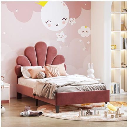 Lit d'enfant - MUVOE - 90x200cm - Tête de lit fleur - Velours rouge haricot - Montage facile rouge