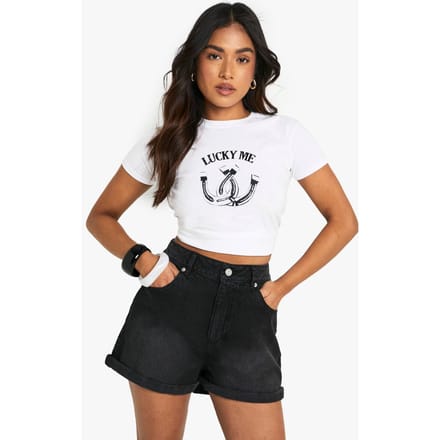 boohoo Dames Petite Denim Mom Short | Washed Black | Maat: 44