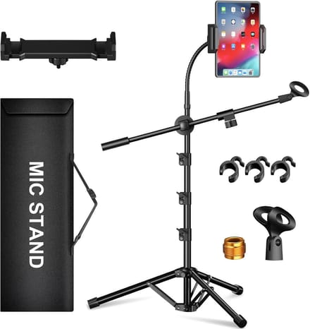 SnelShoppen - Microfoonstandaard 6 in 1 - Verstelbare Boomstandaard met Gooseneck, Microfoonclips, Tablet & Telefoonhouder - Zwart, Metaal, Draagbaar