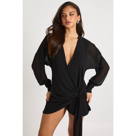 boohoo Dames Mini-wikkeljurk met lange mouwen | Black | Maat: 10