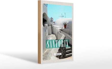 Holzschild Reise 20x30cm Santorini weiße Gebäude Treppen